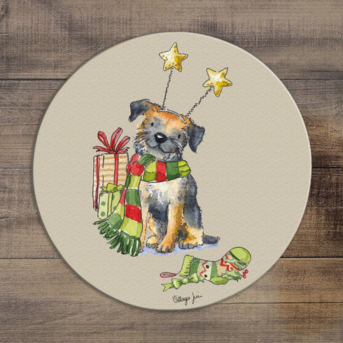 Border Terrier Christmas Circular Glass Worktop Saver